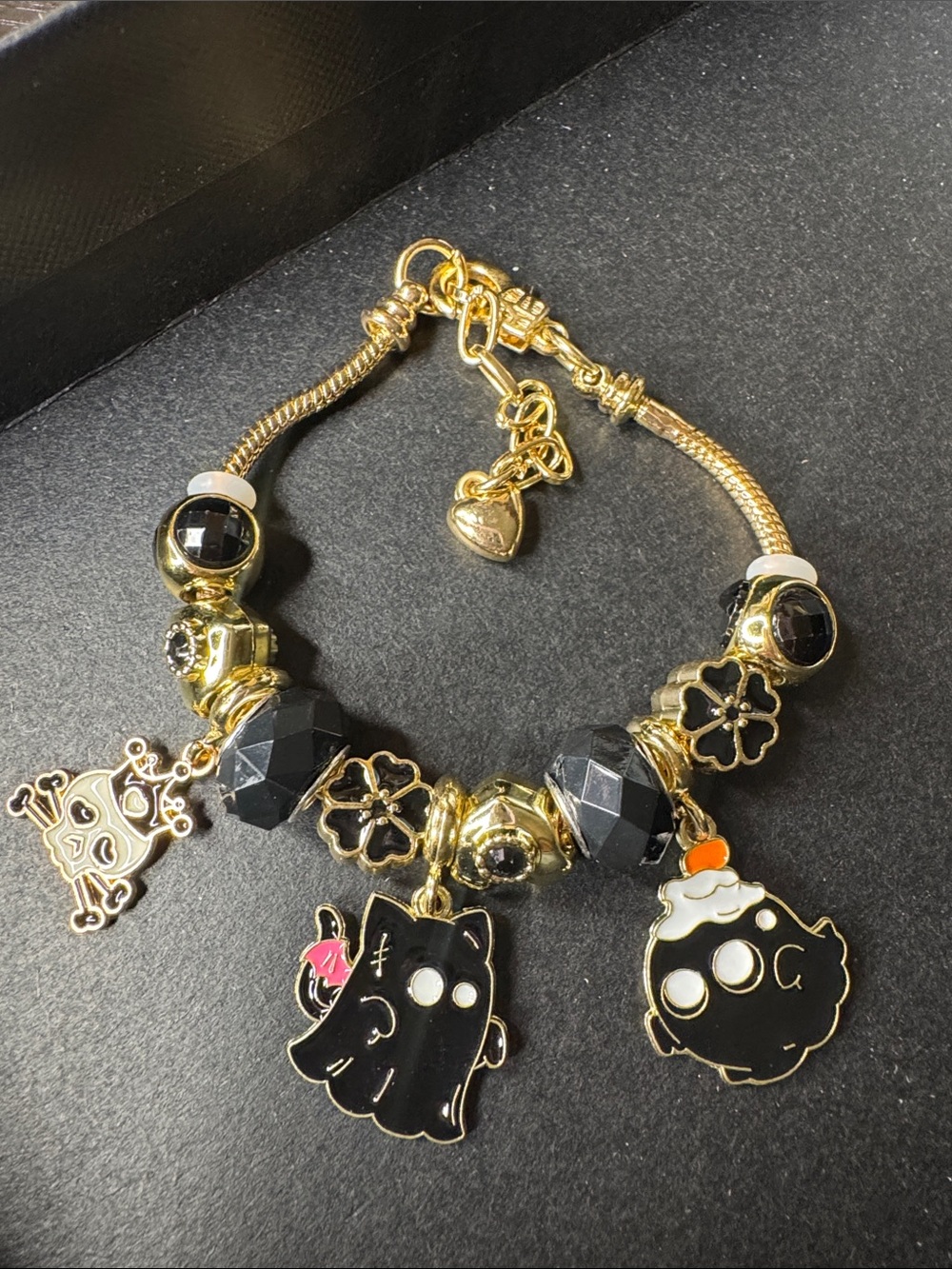 Gold-Tone Black Enamel Charm Bracelet - Cute Ghost & Cupcake Charms